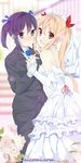  3: :d blush cursive dress elbow_gloves flower formal frills gloves hair_ribbon heart heart-shaped_pupils holding_hands koba multiple_girls necktie nicomi.com open_mouth pant_suit ribbon smile suit symbol-shaped_pupils tiara twintails veil watermark web_address wedding_dress white_gloves wife_and_wife yuri 