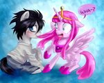  adventure_time black_hair blue_eyes clothing crossover death_note equine female friendship_is_magic hair horn horse l l_lawliet male mammal my_little_pony open_mouth ponification pony princess_bubblegum shocked sweat tiara winged_unicorn wings zorbitas 