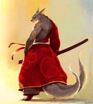  amber_eyes anthro back back_turned belt biceps black_nose canine claws fox fur grey_fur japanese_clothing katana looking_at_viewer looking_back male mammal moodraw multiple_tails muscles pose robe smile solo standing sword tattoo toe_claws topless weapon yellow_eyes 