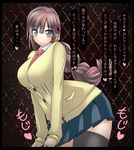  1girl braid breasts brown_hair cemetery_(artist) cemetery_(pixiv) female hair_ornament huge_breasts leaning_forward long_hair miniskirt necktie original skirt solo source_request standing thighhighs translated 