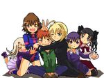  &gt;_&lt; 5girls ahoge artoria_pendragon_(all) black_hair blonde_hair blush brown_hair child closed_eyes emiya_shirou empty_eyes fate/zero fate_(series) fujimura_taiga glomp hug illyasviel_von_einzbern matou_sakura md5_mismatch multiple_girls one_eye_closed orange_hair purple_hair saber student_no._0 teenage toosaka_rin v white_hair younger zatou_(kirsakizato) 