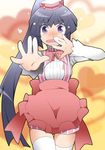  akatsuki_(log_horizon) apron blush log_horizon long_hair ponytail purple_eyes purple_hair ribbon riku_kanna solo tears thighhighs waitress zettai_ryouiki 