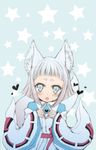  animal_ear_fluff animal_ears blue_eyes blush fingers_together fox_ears fox_tail heart highres japanese_clothes kon_(tokyo_ravens) looking_at_viewer mikunido202 open_mouth ribbon-trimmed_sleeves ribbon_trim short_hair silver_hair simple_background solo star tail tokyo_ravens 