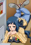  1girl blue_eyes blue_hair breasts clerk denim female fukada_takuji gundam gundam_build_fighters iori_rinko jeans jewelry large_breasts long_hair lying milf mobile_suit_gundam on_stomach pants ring rx-78-2 shoes solo sunrise_(company) sweater t-fukada tongue 
