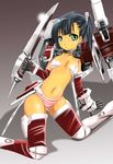  1girl :&lt; armor black_hair elbow_gloves female gloves green_eyes hair_ornament kneeling long_hair looking_at_viewer magister_(bigbakunyuu) mecha_musume original panties ponytail red_legwear side_ponytail simple_background solo straight_hair striped striped_panties sword thighhighs underwear weapon 