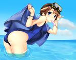  arched_back ass blue_eyes bracelet brown_hair cloud colorized competition_swimsuit copyright_request day derivative_work diving_mask food hair_ornament hairpin highres jewelry koutaro leaning_forward looking_at_viewer mouth_hold ocean one-piece_swimsuit pitui1996 popsicle short_hair sky solo swimsuit towel water wristband 