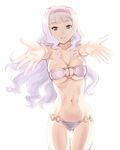  bandeau bikini breasts cleavage grin hairband idolmaster idolmaster_(classic) large_breasts long_hair navel o-ring o-ring_bikini o-ring_bottom o-ring_top outstretched_arms purple_eyes shijou_takane silver_hair skindentation smile solo swimsuit thigh_gap ueyama_michirou underboob 