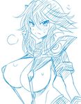  1girl angry breasts covered_nipples ears erect_nipples hips huge_breasts kill_la_kill konno_tohiro large_breasts matoi_ryuuko midriff monochrome senketsu solo suspenders sweat trigger_(company) 