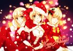  3girls ahoge artoria_pendragon_(all) blonde_hair blush braid capelet christmas closed_eyes corset detached_sleeves dual_persona fate/extra fate/stay_night fate_(series) french_braid fur_trim green_eyes hair_ornament hat holly holly_hair_ornament looking_at_viewer multiple_girls nero_claudius_(fate) nero_claudius_(fate)_(all) rynn_(seibu) saber santa_costume santa_hat sash short_hair sitting smile snow snowing 