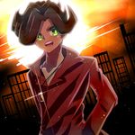  1boy :d alit arito brown_hair character_request clothed collarbone dark_skin green_eyes hair happy jewelry male male_focus open_mouth red_shirt shirt short_hair shueisha smile solo sun sunset teeth yu-gi-oh! 
