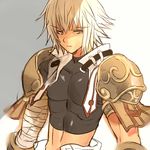  abs armlet armor bandaged_arm bandages black_shirt coin_rand crop_top detached_collar ende_(pandora_no_tou) gauntlets male_focus midriff open_collar pandora_no_tou pauldrons pointy_hair shade shirt simple_background solo white_hair 