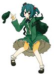  amonitto backpack bag between_legs blush dress frilled_skirt frills green_eyes green_hair hair_bobbles hair_ornament hand_between_legs hat hat_removed headwear_removed kawashiro_nitori key long_sleeves looking_at_viewer mary_janes open_mouth pigeon-toed pocket ribbon shirt shoes short_hair short_twintails skirt skirt_set skirt_up socks solo touhou twintails two_side_up 