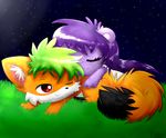  couple cute duo feral fox fur grass green_hair hair hug lyeni lying mammal night night_sky one_eye_closed purple_hair sleeping white_fur 