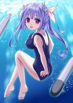  :d barefoot blue_hair breasts i-19_(kantai_collection) kantai_collection large_breasts long_hair looking_back one-piece_swimsuit open_mouth red_eyes school_swimsuit smile swimsuit tsukino_neru twintails underwater 