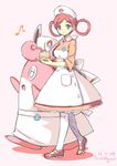  apron blue_eyes blush cake candle dated food gen_1_pokemon hair_ornament hairclip hat highres joy_(pokemon) long_hair musical_note north_abyssor nurse nurse_cap pantyhose pink_hair poke_ball pokemon pokemon_(creature) pokemon_(game) pokemon_xy signature smile white_legwear wigglytuff 