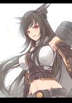  bare_shoulders black_hair blush breasts elbow_gloves gloves hair_ornament headgear highres kantai_collection large_breasts long_hair looking_at_viewer maryquant midriff nagato_(kantai_collection) navel red_eyes 