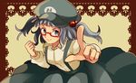  alternate_costume bespectacled blue_eyes blue_hair clenched_hand glasses hair_bobbles hair_ornament hat kawashiro_nitori long_sleeves neko_ni_chikyuu pointing red-framed_eyewear shirt short_hair short_twintails skirt smile solo suspenders touhou twintails two_side_up 