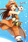  belt belt_buckle blush brown_eyes brown_hair buckle clothes_around_waist fingerless_gloves flat_chest gloves guilty_gear hat long_hair may_(guilty_gear) midriff orange_hat orange_shirt pants pants_rolled_up pirate_hat sailor_collar shirt skull_and_crossbones smile solo yu_yun 