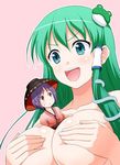  aqua_eyes bad_id bad_twitter_id between_breasts bowl bowl_hat breast_hold breasts cleavage covering covering_breasts frog_hair_ornament green_hair hair_ornament hat holding japanese_clothes kimono kochiya_sanae large_breasts long_hair looking_up minigirl multiple_girls open_mouth person_between_breasts purple_eyes purple_hair short_hair smile snake_hair_ornament sukuna_shinmyoumaru sweatdrop tomokichi topless touhou yuri 