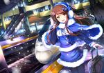  :d brown_eyes brown_hair capelet christmas dutch_angle earmuffs escalator hair_ornament hairclip jianren open_mouth original pantyhose shinkansen skirt smile snow snowing solo stairs star star_hair_ornament suitcase tactile_paving train_station 