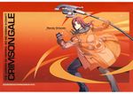  character_name coat copyright_name eiyuu_densetsu enami_katsumi english fingerless_gloves full_body gloves green_eyes hair_over_one_eye long_hair looking_back male_focus official_art orange_background pants ponytail randy_orlando red_hair smile solo staff zero_no_kiseki 