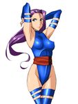  armpits blue_eyes blue_leotard breasts covered_nipples elbow_gloves gloves kyosu leotard long_hair marvel medium_breasts psylocke purple_hair solo thighhighs x-men 