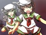 ascot brown_hair check_commentary commentary_request eyepatch gaoo_(frpjx283) green_eyes green_hair hat highres kantai_collection kiso_(kantai_collection) look-alike multiple_girls murasa_minamitsu neckerchief open_mouth sailor_hat short_hair shorts sweat touhou 