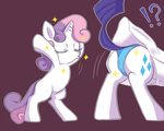  ?! aosion butt cub cutie_mark dress duo equine eyes_closed female feral friendship_is_magic fur hair horn horse lifting mammal my_little_pony panties plain_background pony purple_background rarity_(mlp) sibling sisters skirt standing sweetie_belle_(mlp) two_tone_hair underwear unicorn white_fur young 