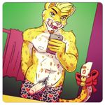  anthro bell blonde_hair boxers cellphone erection fangs feline front green_eyes hair iphone leopard licking licking_lips looking_at_viewer male mammal nipples penis phone pink_nose pubes ribbons seaside_(artist) selfie solo spots standing tail_bell tongue tongue_out topless uncut underwear 