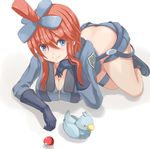  bare_legs blue_eyes breasts chin_rest cleavage ducklett fiction_(forged) fuuro_(pokemon) gen_5_pokemon gloves hair_ornament jet_badge large_breasts long_hair looking_at_viewer midriff poke_ball pokemon pokemon_(creature) pokemon_(game) pokemon_bw red_hair shorts smile solo suspenders white_background 