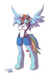  &lt;3 anthro anthrofied boots bracelet breasts cleavage clothed clothing equine female friendship_is_magic gloves hair horse jewelry lionalliance mammal multi-colored_hair my_little_pony pegasus plain_background pony purple_eyes rainbow_dash_(mlp) rainbow_hair shirt shorts solo standing white_background wings 