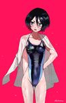  artist_name black_hair bleach breasts competition_swimsuit hair_between_eyes kuchiki_rukia long_hair okihana one-piece_swimsuit short_hair simple_background small_breasts solo swimsuit wet wet_clothes wet_swimsuit 
