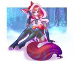  black_nose bow breasts candy_cane canine cat cleavage clothed clothing dress ear_piercing feline female fingerless_gloves fox fur gloves grey_fur hair hindpaw hood hybrid legwear looking_at_viewer mammal paws piercing red_eyes red_fur red_hair sif sitting smile snow solo stockings thighs toeless_socks white_fur 