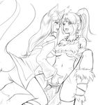  ahri animal_ears bare_shoulders blush breasts dress earrings facial_mark fingering fox_ears fox_tail heart heart-shaped_pupils highres jewelry league_of_legends lineart loincloth long_hair medium_breasts midriff monochrome multiple_girls navel necklace nidalee no_panties open_mouth ponytail pussy pussy_juice ricegnat saliva saliva_trail spread_legs strapless strapless_dress symbol-shaped_pupils tail tongue tongue_out tooth_necklace uncensored underboob whisker_markings yuri 