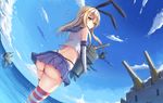  &gt;_&lt; anchor ass black_panties blonde_hair blue_sky carrying closed_eyes cloud condensation_trail day dutch_angle elbow_gloves fisheye gloves hairband kantai_collection long_hair looking_at_viewer looking_back nian ocean outdoors panties partially_submerged rensouhou-chan shimakaze_(kantai_collection) skirt sky socks striped striped_legwear thighhighs thong underwear wading water whale_tail white_gloves yellow_eyes 