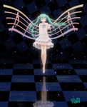  artist_name bad_id bad_pixiv_id barefoot beamed_eighth_notes checkered checkered_floor closed_eyes dress eighth_note green_hair hair_ribbon hatsune_miku highres long_hair musical_note quarter_note reki_(lichk) ribbon solo staff_(music) twintails vocaloid 