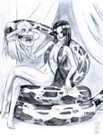  2009 amazon boa_hancock breasts convenient_leg earrings fangs forked_tongue garththedestroyer hair_censor highres horns jewelry long_hair monochrome navel nude one_piece salome_(one_piece) signature sitting_on_animal sketch skull smile snake snake_earrings tongue very_long_hair 