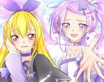  blonde_hair bow choker cure_sword dokidoki!_precure earrings hair_bow hair_ornament hand_on_another's_cheek hand_on_another's_face headset jappo jewelry kenzaki_makoto long_hair magical_girl multiple_girls ponytail precure purple_choker purple_eyes purple_hair red_eyes regina_(dokidoki!_precure) short_hair smile spade_hair_ornament 