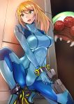  1girl abs against_wall blonde_hair breasts eyebrows_visible_through_hair eyelashes fangs gluteal_fold green_eyes gun high_heels knees_apart_feet_together kokuryuugan looking_to_the_side metroid metroid_(creature) mole mole_under_mouth nintendo open_mouth samus_aran solo_focus squatting wall weapon zero_suit 