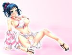  bikini blue_hair breasts feet green_eyes gundam gundam_build_fighters iori_rinko kurogane_(majesticrune) large_breasts long_hair mature open_toe_shoes ponytail print_sarong sandals sarong sarong_aside shoes sitting solo spread_legs swimsuit toes white_sarong 