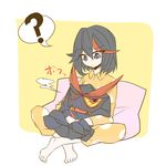  ? bad_id bad_pixiv_id black_hair blue_eyes blush gareltuta kill_la_kill living_clothes matoi_ryuuko orange_shirt pajamas pillow raised_eyebrow senketsu shirt solo 