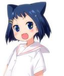  animal_ears blue_eyes blue_hair blush cat_ears fang hair_ornament hairclip hiyo_kotori ikeda_kana kazekoshi_school_uniform kemonomimi_mode open_mouth saki school_uniform serafuku shirt short_hair smile solo sparkle standing white_background white_shirt 