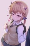  1girl :q backpack bag bangs blush breasts brown_hair candy food highres horns kasai_shin lollipop looking_at_viewer medium_breasts original pov purple_eyes short_twintails skirt smile standing tongue tongue_out twintails uniform 