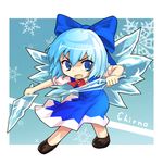  alphes_(style) blue_eyes blue_hair bow character_name chibi cirno dual_wielding fighting_stance hair_bow holding ice lowres parody shiny_shinx short_hair short_sword snowflakes solo style_parody sword touhou weapon wings 