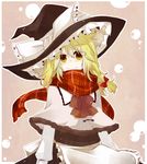  adapted_costume apron black_dress blonde_hair bow braid capelet dress hair_ribbon hat hat_bow kirisame_marisa long_sleeves looking_at_viewer ribbon scarf single_braid smile solo touhou waist_apron white_bow witch_hat yellow_eyes yuuta_(monochrome) 