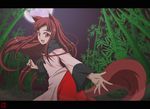  animal_ears anime_coloring bamboo bamboo_forest beckoning brown_hair derivative_work dress fang fingernails forest full_moon highres imaizumi_kagerou letterboxed long_hair looking_at_viewer moon nature night open_hand open_mouth outstretched_arm red_eyes sharp_fingernails solo spice_and_wolf spread_fingers tail touhou wide_sleeves wolf_ears wolf_tail woofey 