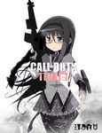  akemi_homura assault_rifle black_hair call_of_duty call_of_duty:_modern_warfare_3 glasses gun jpeg_artifacts madoka_runes mahou_shoujo_madoka_magica pantyhose parody red-framed_eyewear rifle solo tsubaki_(tsubakiyasan) weapon 