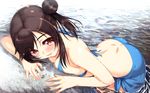  :d against_wall alternate_hairstyle ass back bangs bent_over bikini black_hair blue_bikini blue_sarong blush breast_press breasts brown_eyes butt_crack cleavage dimples_of_venus fingernails from_side hair_bun hair_up half_updo highres ichijou_hotaru large_breasts long_fingernails long_hair looking_at_viewer moric non_non_biyori ocean open_mouth rock sarong side_bun side_ponytail sideboob smile solo swept_bangs swimsuit wading water wet 