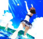  brown_hair cloud day from_behind gundam gundam_build_fighters highres iori_rinko kousaka_china mountain multiple_girls ocean screencap short_hair sky sparkle sunlight swimsuit water 