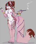  breasts brown_fur brown_hair canine female fluffy_tail fur hair hybrid kittentits looking_at_viewer mammal nipples nude piercing pink_fur smile solo tattoo white_fur 
